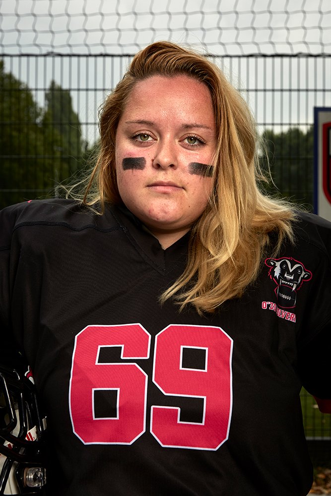  Ditte, nose tackle for the 0’30 Utrecht Wolverines, before a game against the Zwolle Blue Jays, Utrecht, NL, 2021. 
