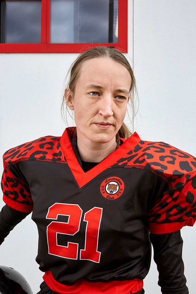  Karen, a linebacker for the Amsterdam Cats, before a game against the Rotterdam Ravens, Amsterdam, NL, 2021. 