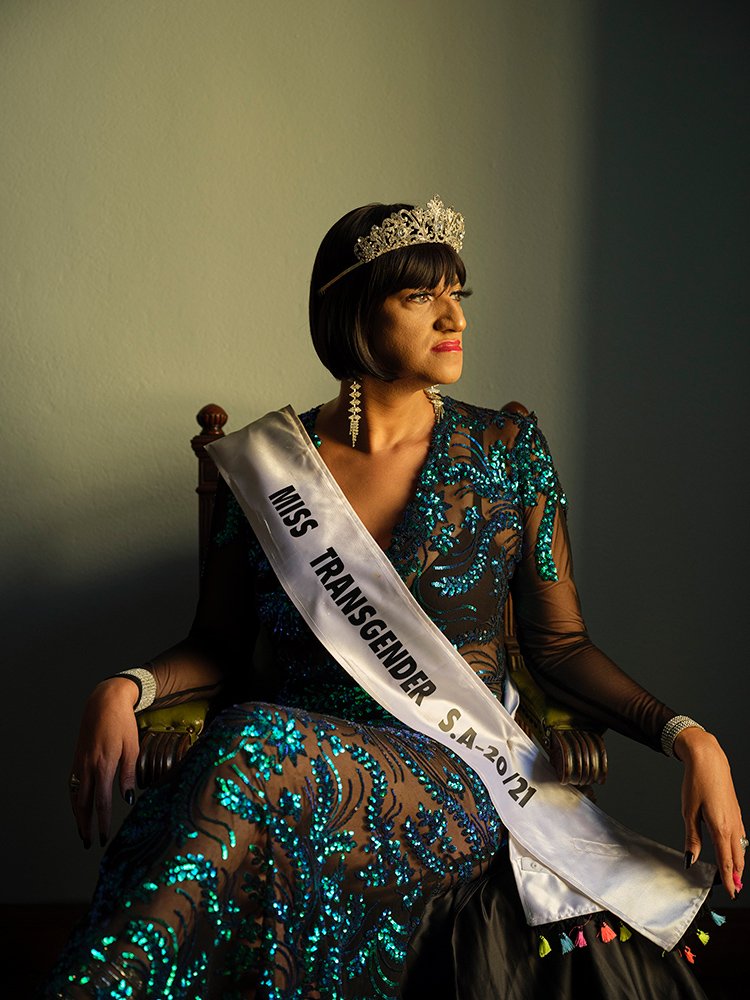  Chedino poses for a portrait in the outfit that she wore when she won Miss Transgender South Africa 20/21 at the Governor's Office in the Castle of Good Hope, Cape Town, 2022. 