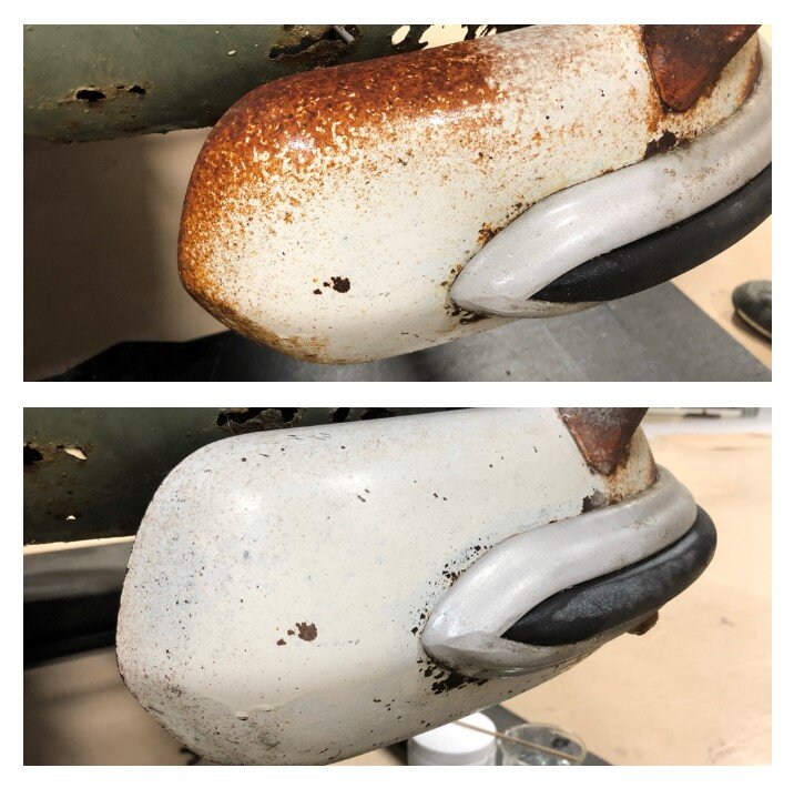 Before & after: - Chelating gels were formulated to remove the rust staining from the painted surfaces.
