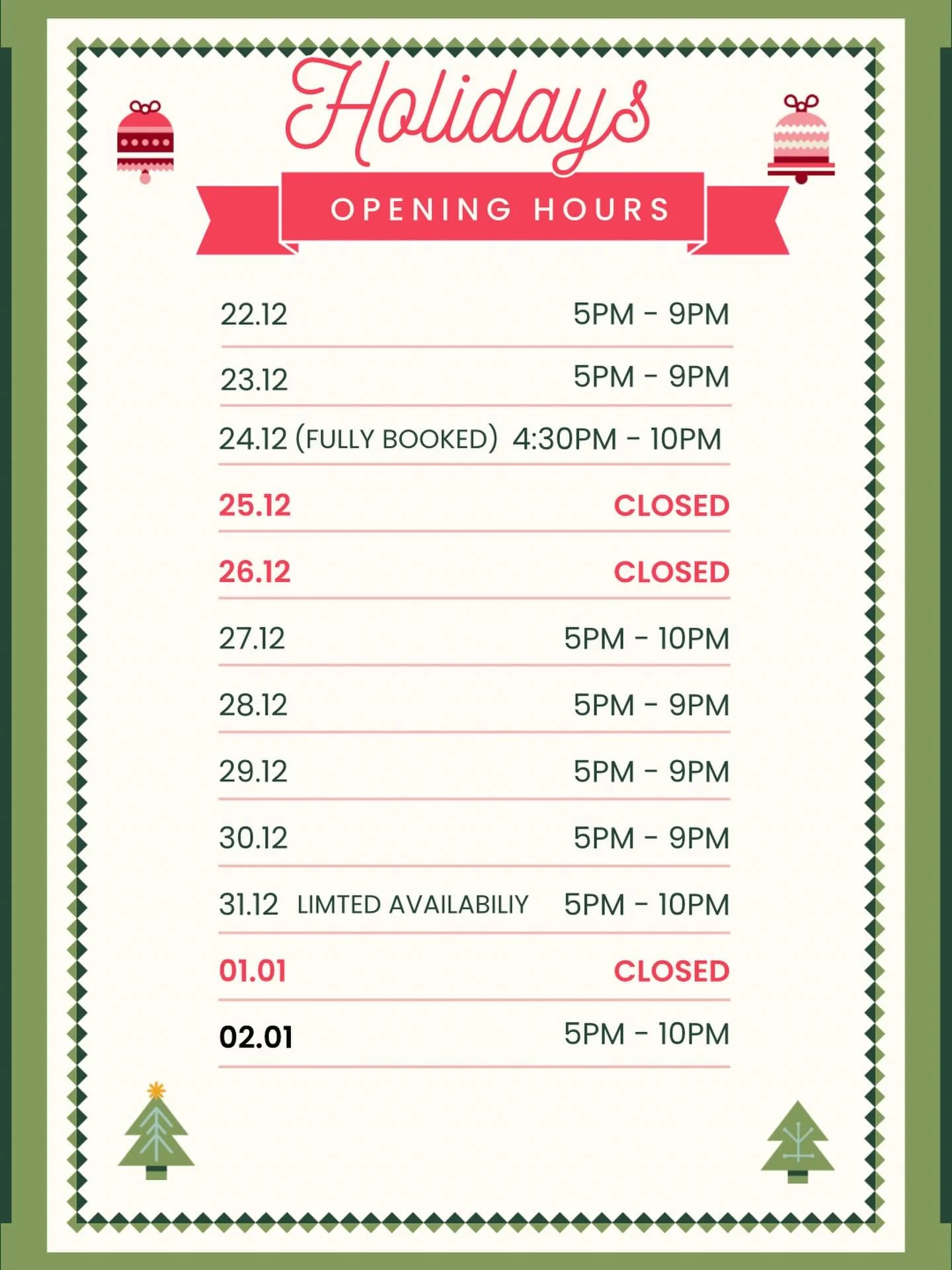 Holiday Hours Announcement 🎄🇹🇭
Thank you for a wonderful year! Here are our hours over Christmas &amp; New Year.