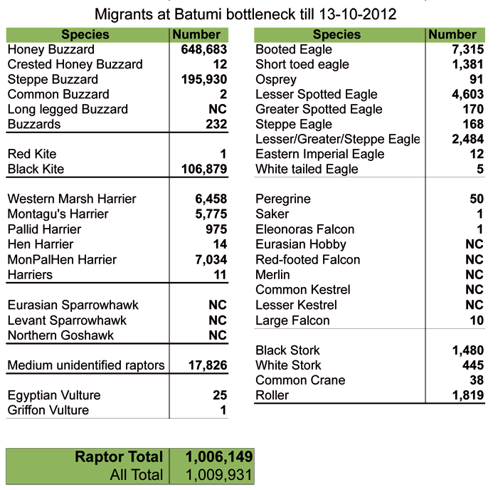 Migrants counted up to the 13th of October. NC = not counted