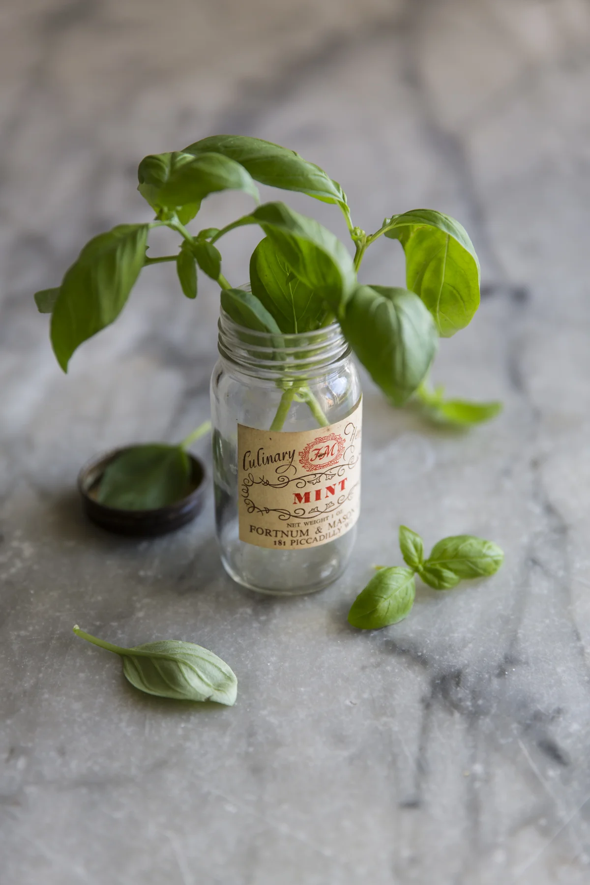 F2.8 Focus is on the jar label, note the basil in the lid and behind are completely out of focus as are the leaves above the label.