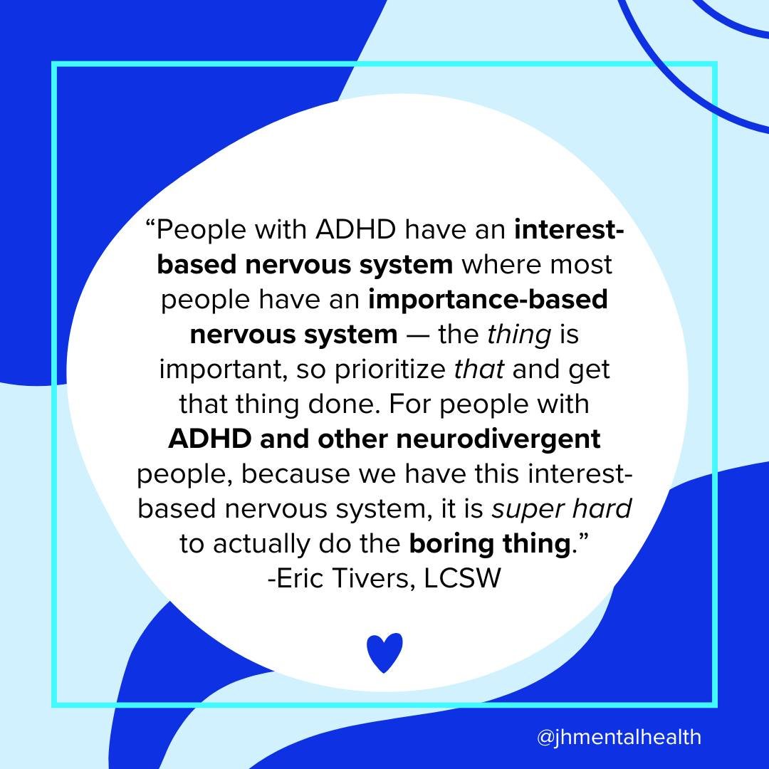 &quot;For people with ADHD and other neurodivergent people...it is super hard to actually do the boring thing.&quot; -Eric Tivers, LCSW 🧠

#neurodivergent #adhdawareness #mentalhealth