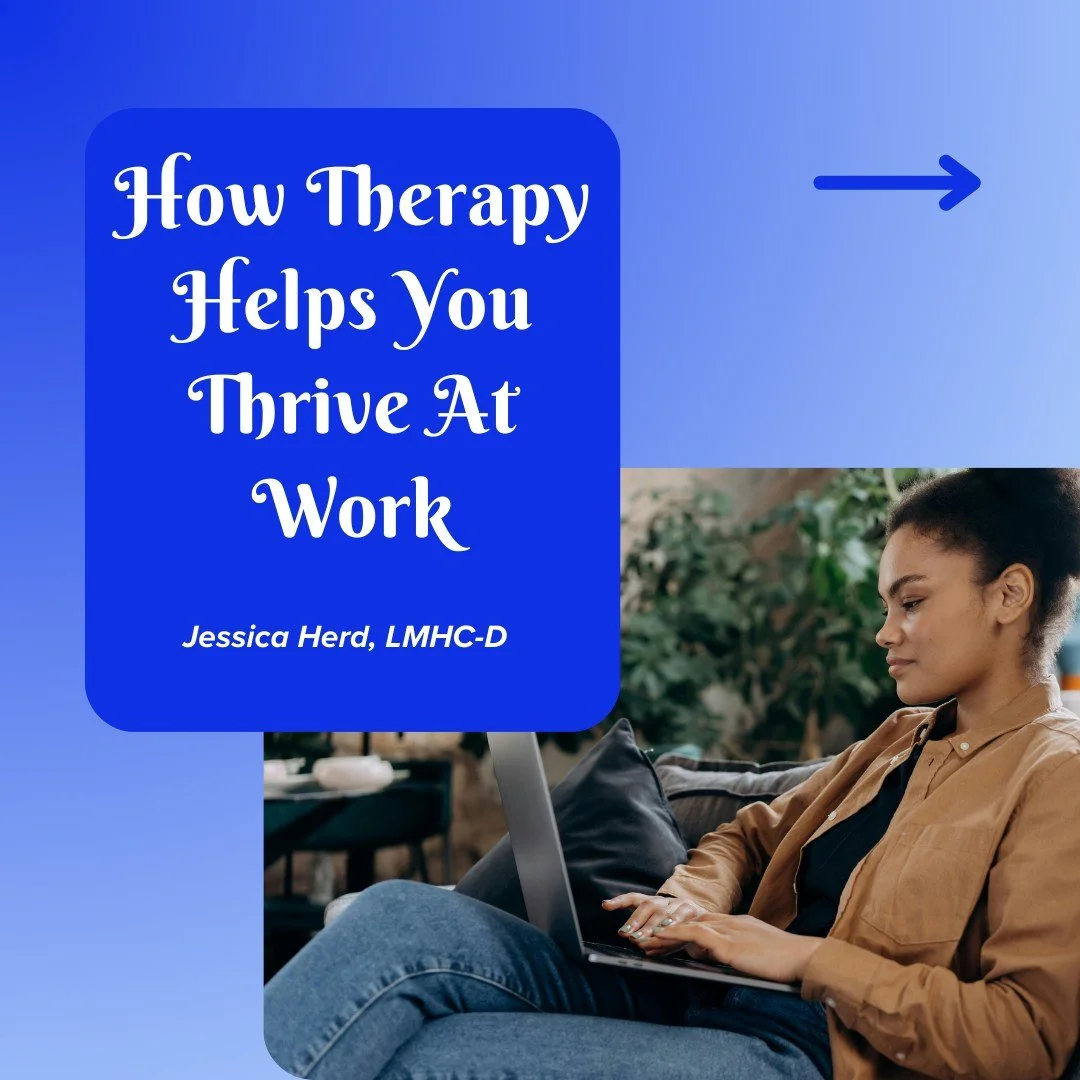 Here's how working with a therapist can help you thrive at work: 
🔹improved focus and productivity
🔹increased self-confidence
🔹increased self-advocacy and boundary-setting
🔹increased emotional regulation

Therapy isn't just for when you're in cri