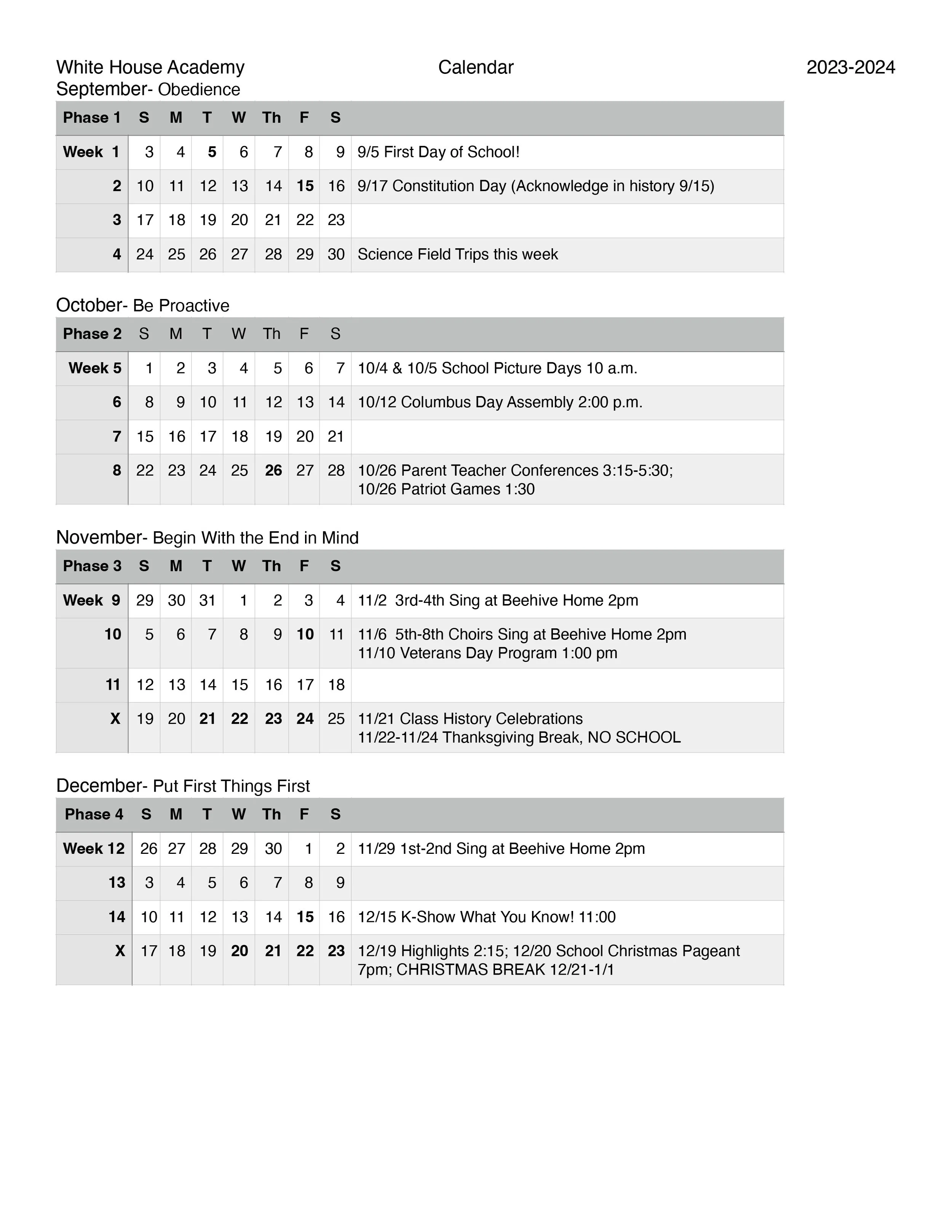 Calendar — White House Academy