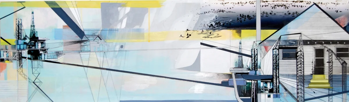 Bungalow, gouache, pigmented print, mixed media on paper, 13 x 30"