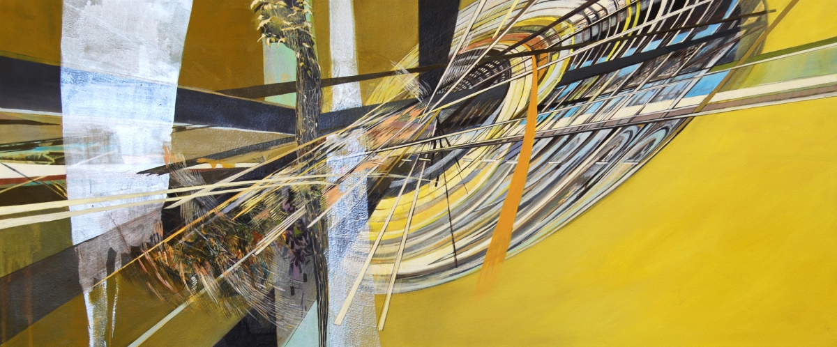 Disc, gouache, pigmented print, mixed media on paper, 13 x 30"