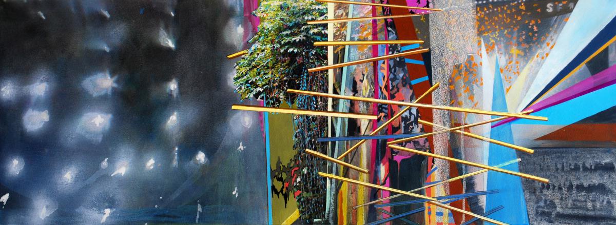 Flare II, gouache, pigmented print, mixed media on paper, 13 x 30"