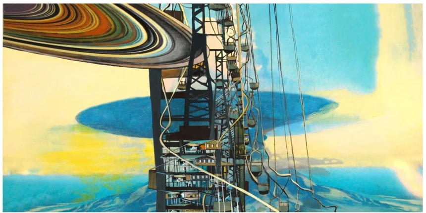 Lift, gouache, pigmented print, mixed media on paper, 13 x 30"