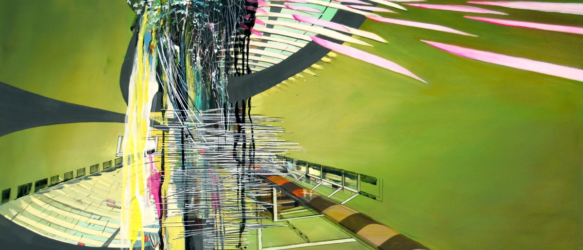 Station, gouache, pigmented print, mixed media on paper, 13 x 30"