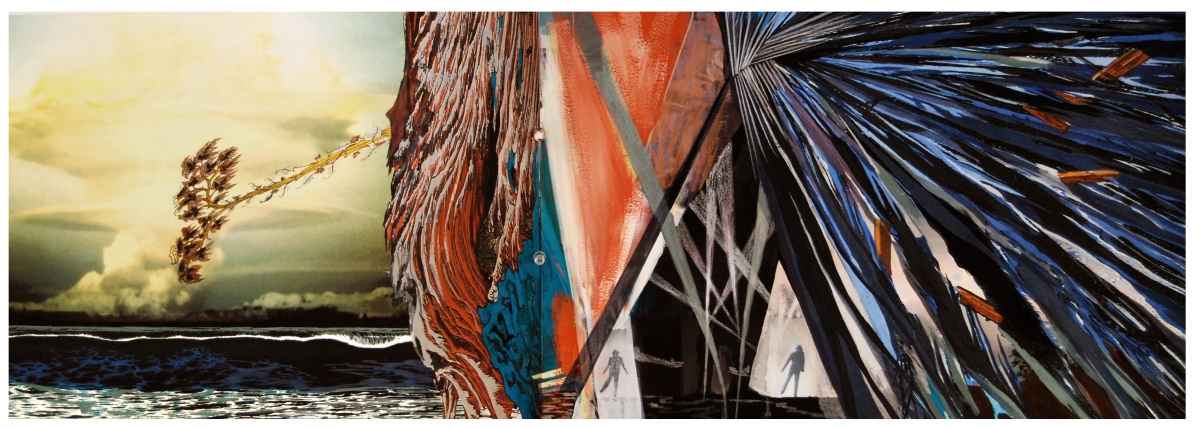 Redoubt, gouache, pigmented print, mixed media on paper, 13 x 30"