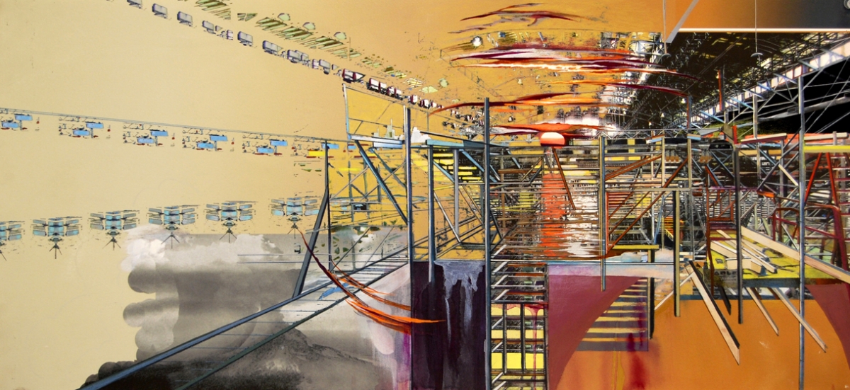 Rafters, gouache, pigmented print, mixed media on paper, 13 x 30"
