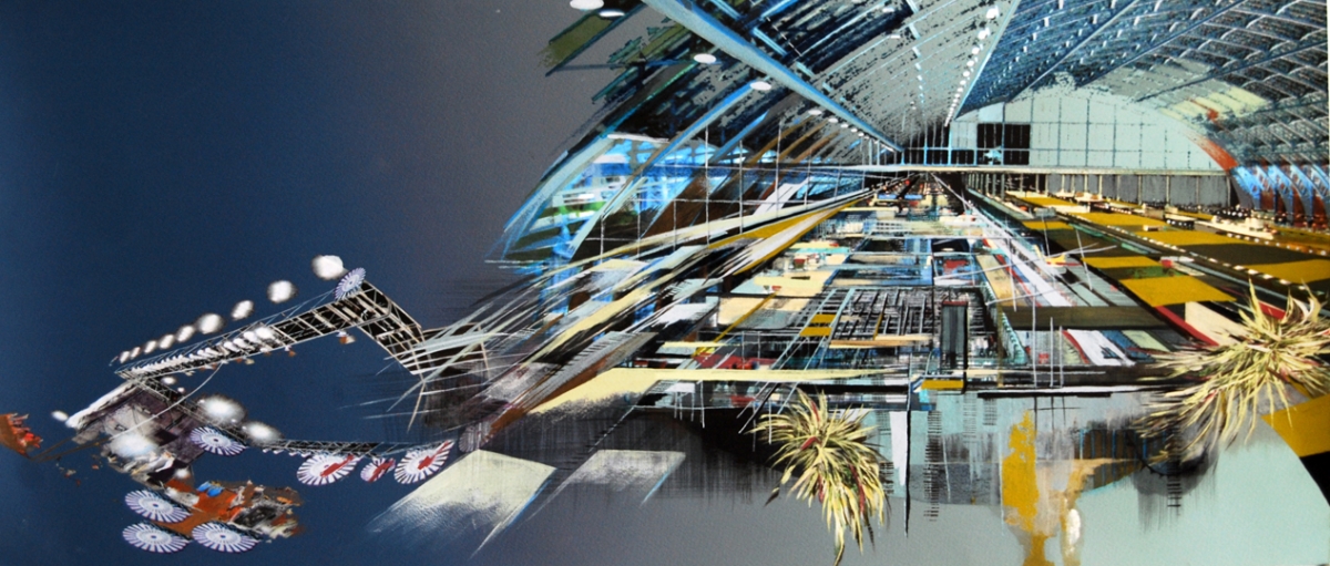 Conveyor, gouache, pigmented print, mixed media on paper, 13 x 30"