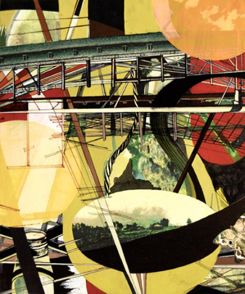 Bridge , gouache, digital ink, mixed media on paper mounted on panel, 13 x 11"