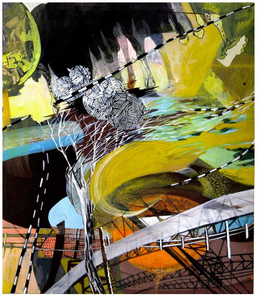 Girders , gouache, digital ink, mixed media on paper mounted on panel, 13 x 11"