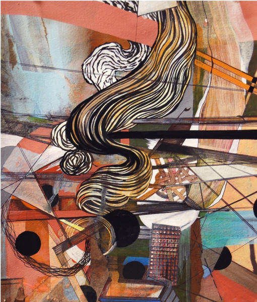 Tailspin, gouache, digital ink, mixed media on paper mounted on panel, 13 x 11"