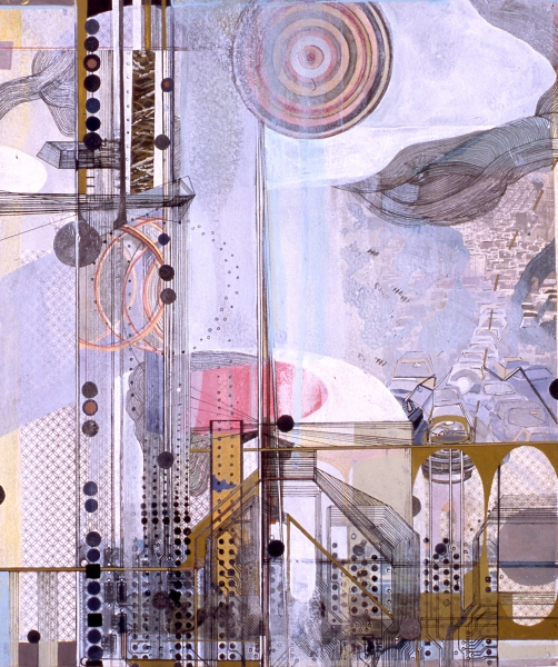 Traffic , gouache, digital ink, mixed media on paper mounted on panel, 13 x 11"