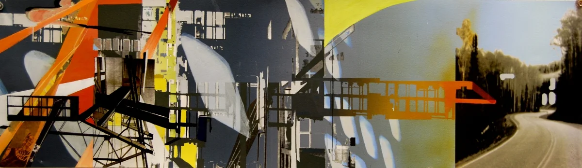 Bend, gouache, pigmented print, mixed media on paper, 13 x 60"