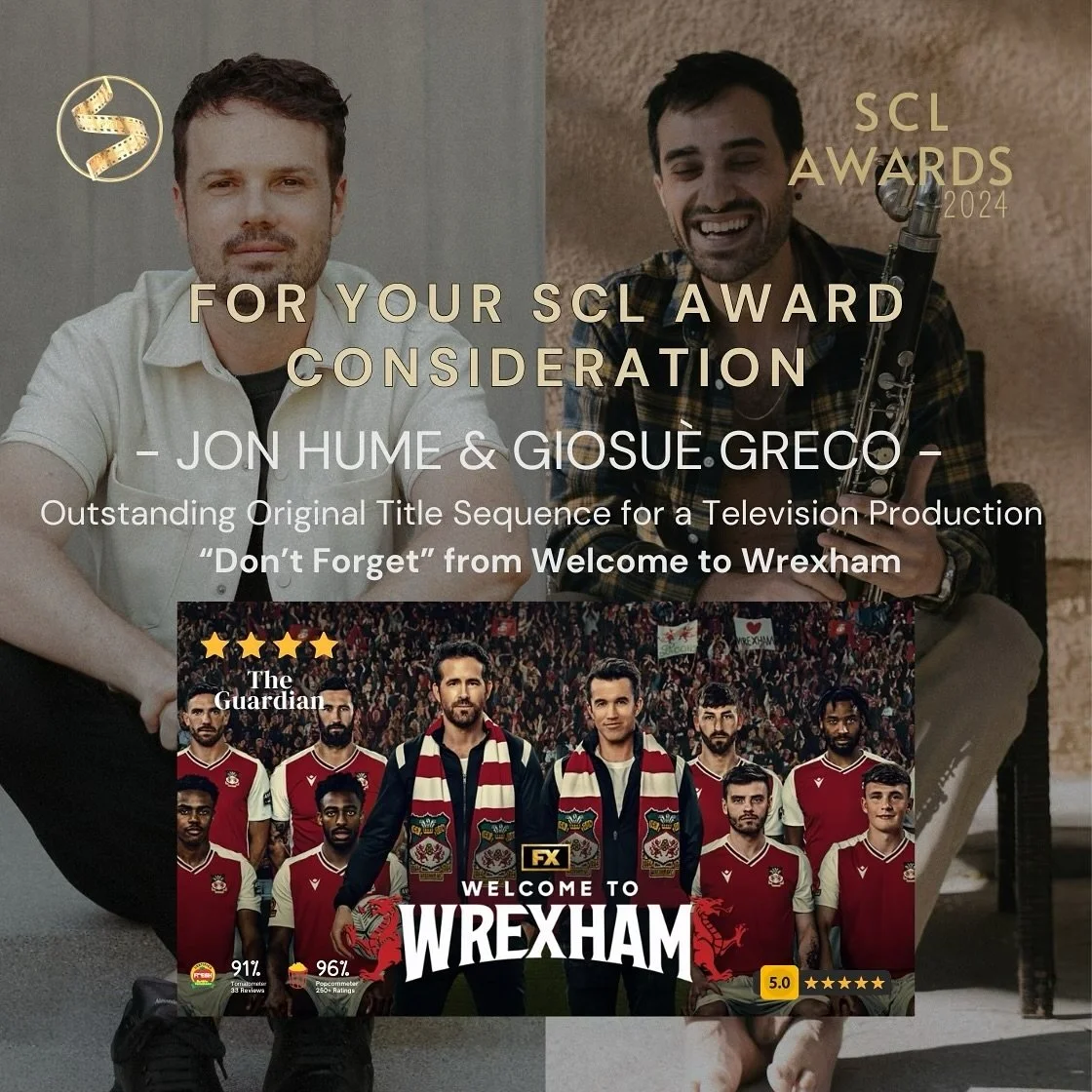 @_the_scl Awards voting opens today. Shout out to @jonhumemusic &amp; @soundslikegiosue for &ldquo;Don&rsquo;t Forget&rdquo; ..their beautiful opening title song for the 8x Emmy winning tv series @wrexhamfx. We think the song perfectly captures the s
