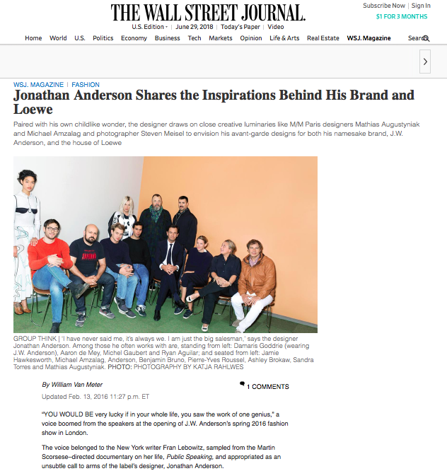 WSJ: Jonathan Anderson Shares the Inspirations Behind His Brand and Loewe