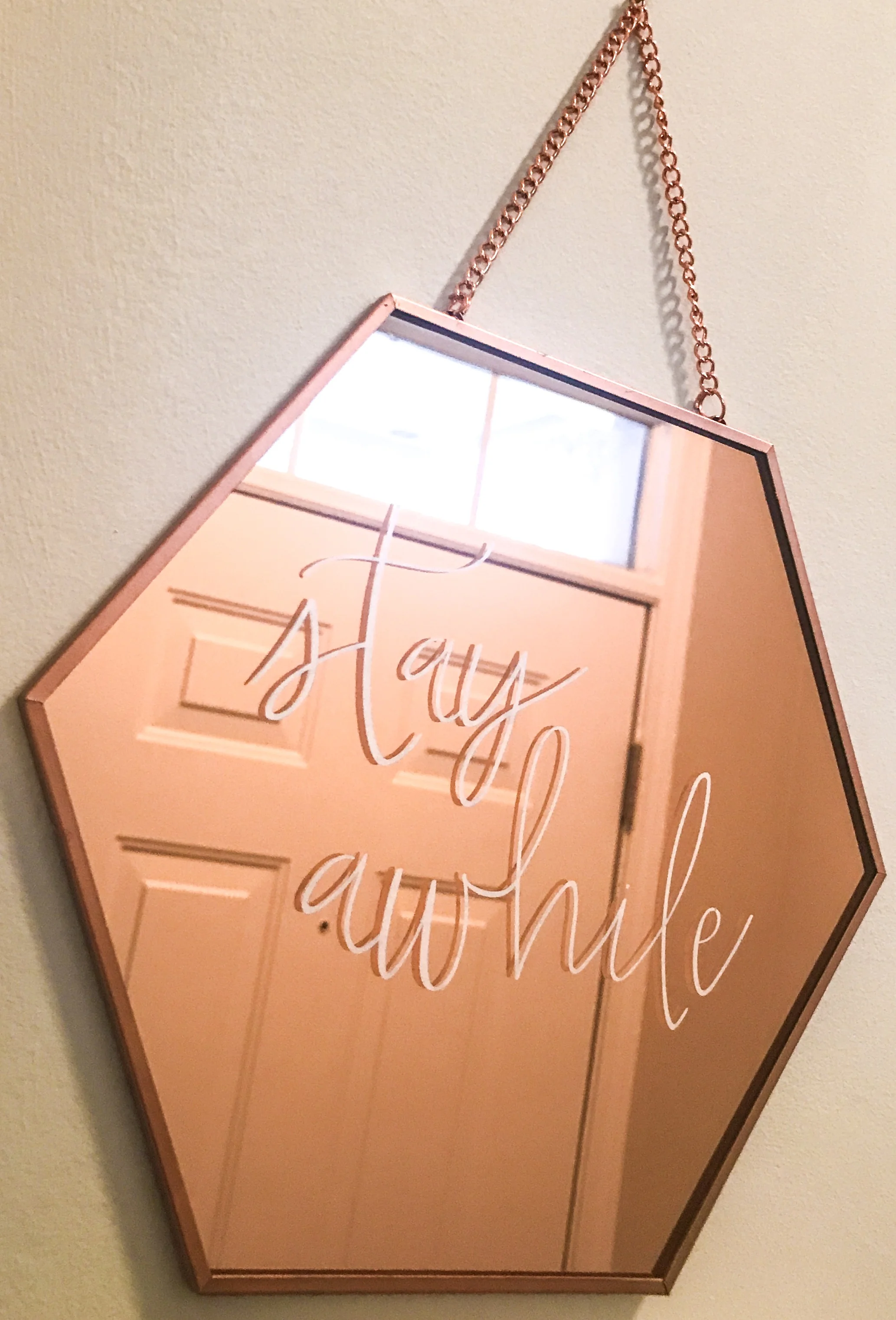 Picked this sweet rose gold mirror wall decoration up from the dollar section in Target for only $3! I have it in my entry way and I get compliments on it every time we have guests!
