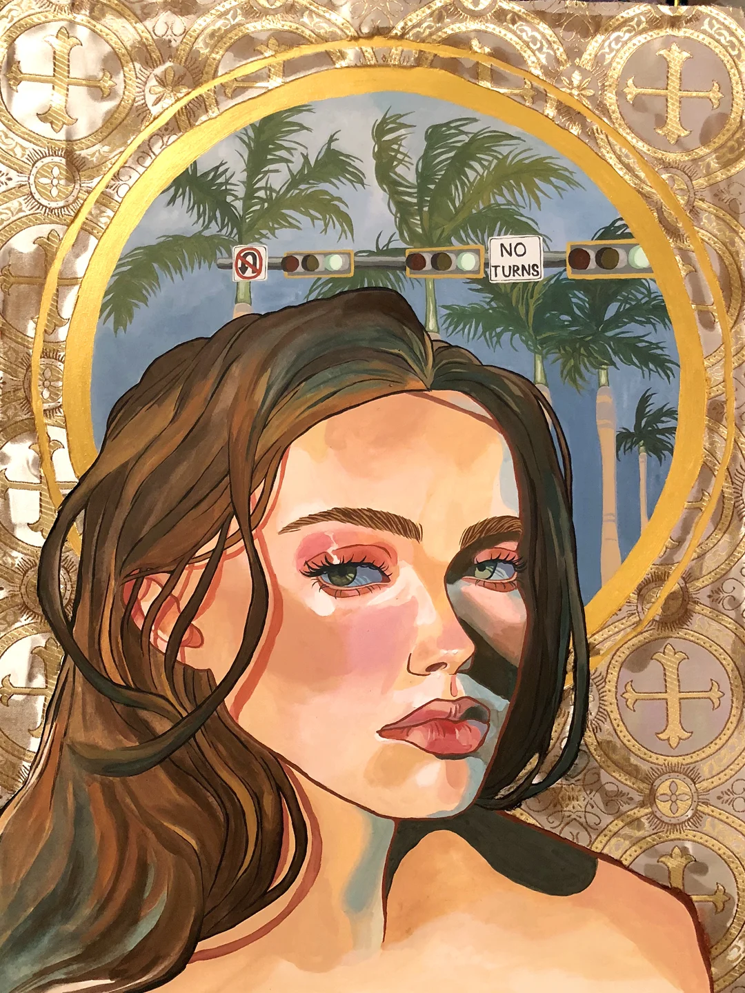 "Florida Kitsch," Gouache and fabric on paper, 2018