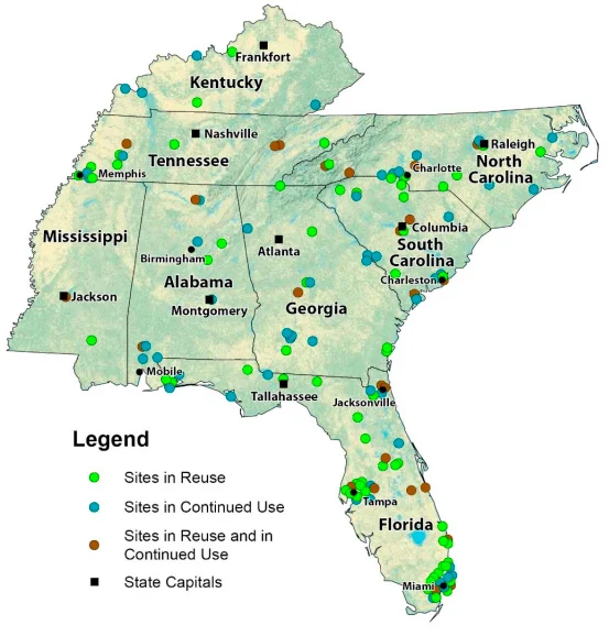This map shows Southeast U.S. sites in reuse and continued use. Learn more here .