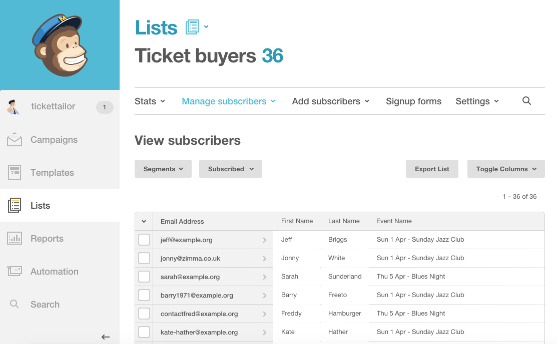 Synch MailChimp with ticket sales