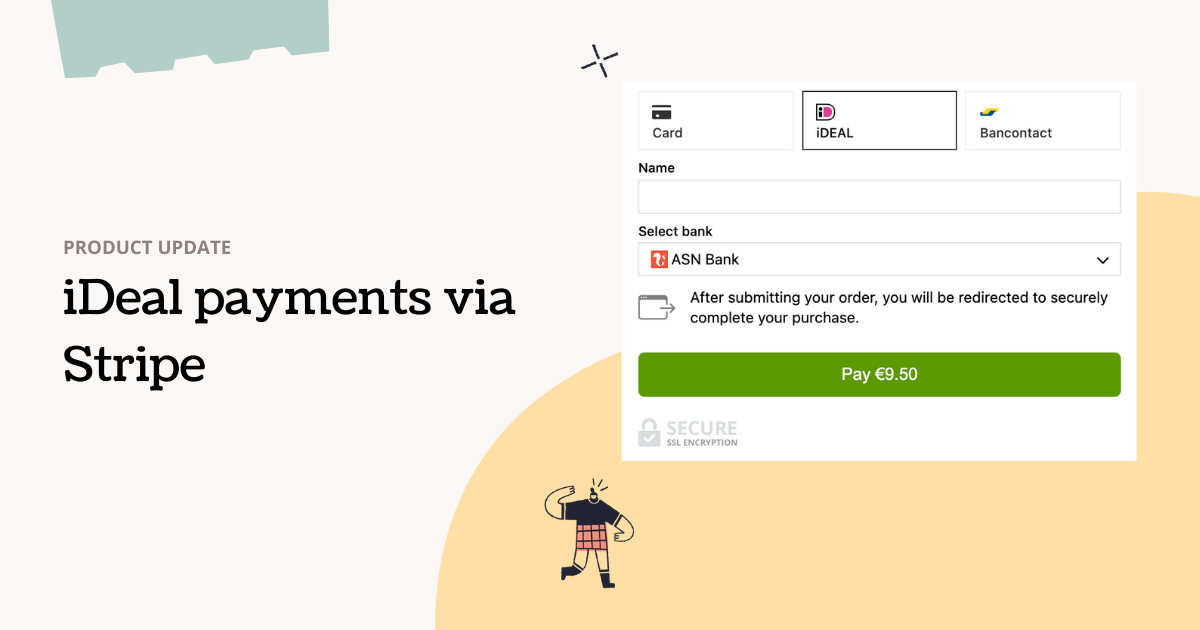 Title image reading iDeal payments via stripe, with a screenshot of the checkout