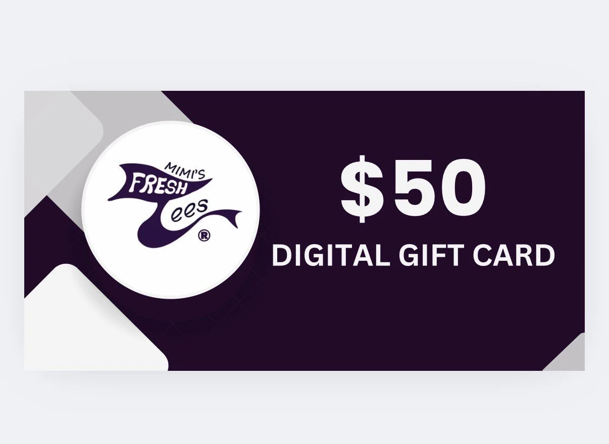 A $50 digital gift card for Mimi's Fresh Fish with a black and white color scheme and the Mimi's Fresh Fish logo featuring a fish.