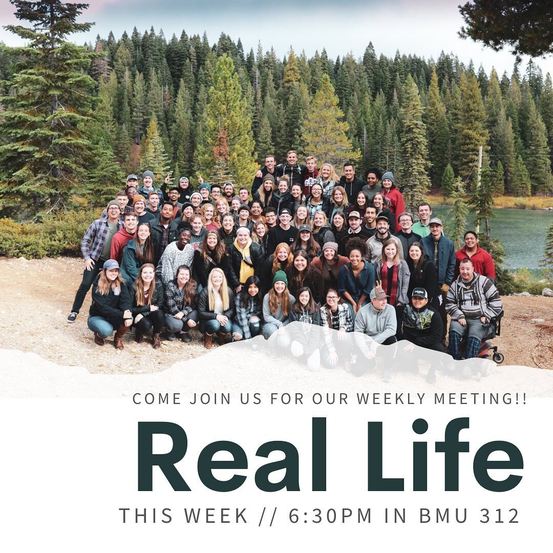 This Wednesday Real Life will be on campus! Join us for our second large group meeting of the year.

✨ Find us in BMU 312 @ 6:30pm ✨ 

Bring a friend + a mask!