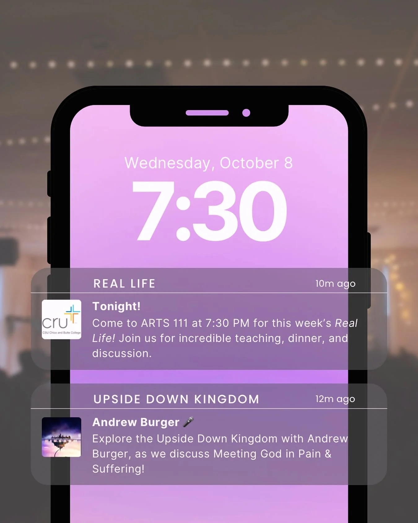 Two reminders you don&rsquo;t want to snooze 😴 

Real Life at 7:30 PM in ARTS 111
Come hungry for food &amp; truth as Andrew Burger leads us into an honest conversation on how to meet God in Pain &amp; Suffering.