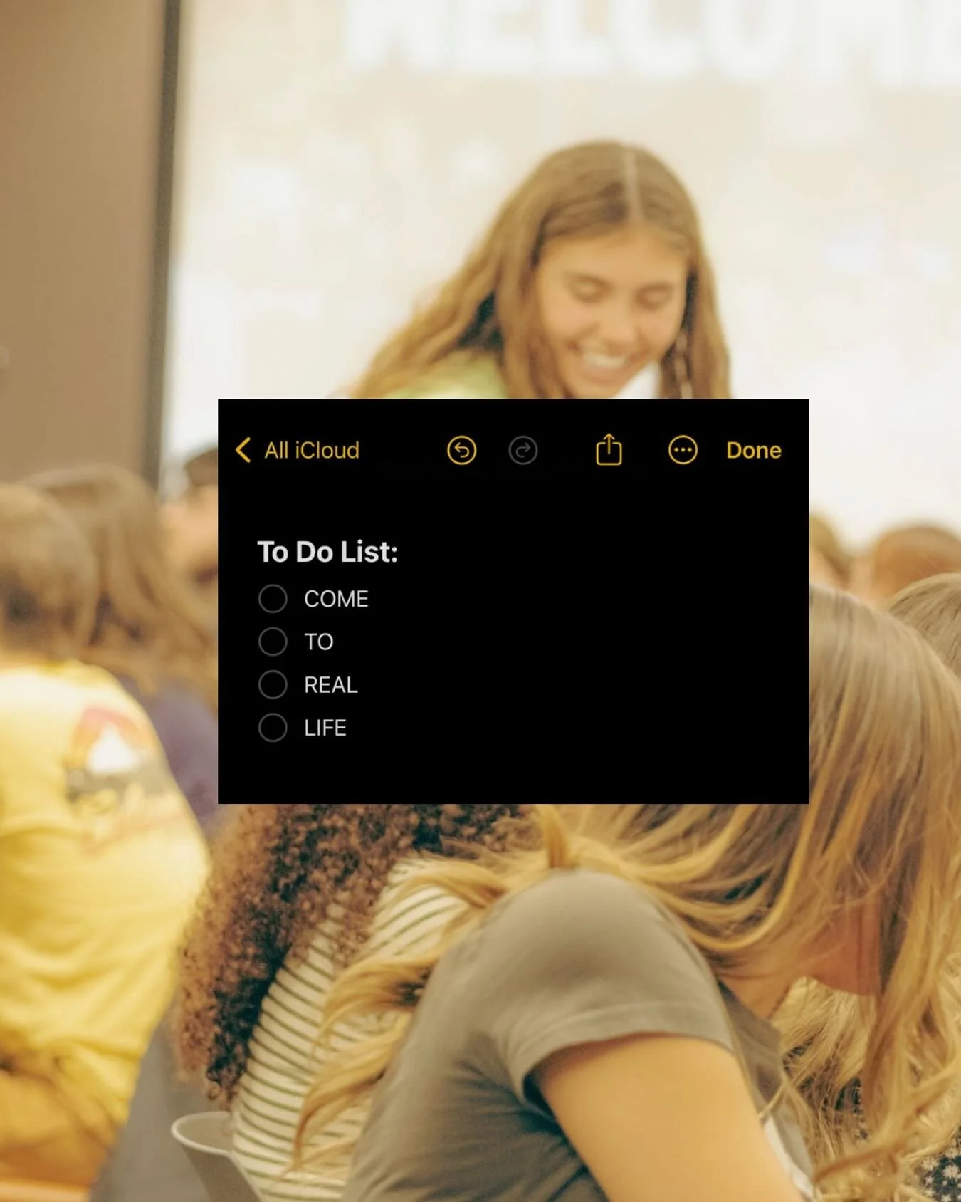 Check it off your list - Come to real life tonight!! Join us for community, worship, and a space to grow together. Hope to see you there! Arts 111 @ 7:30. 😁