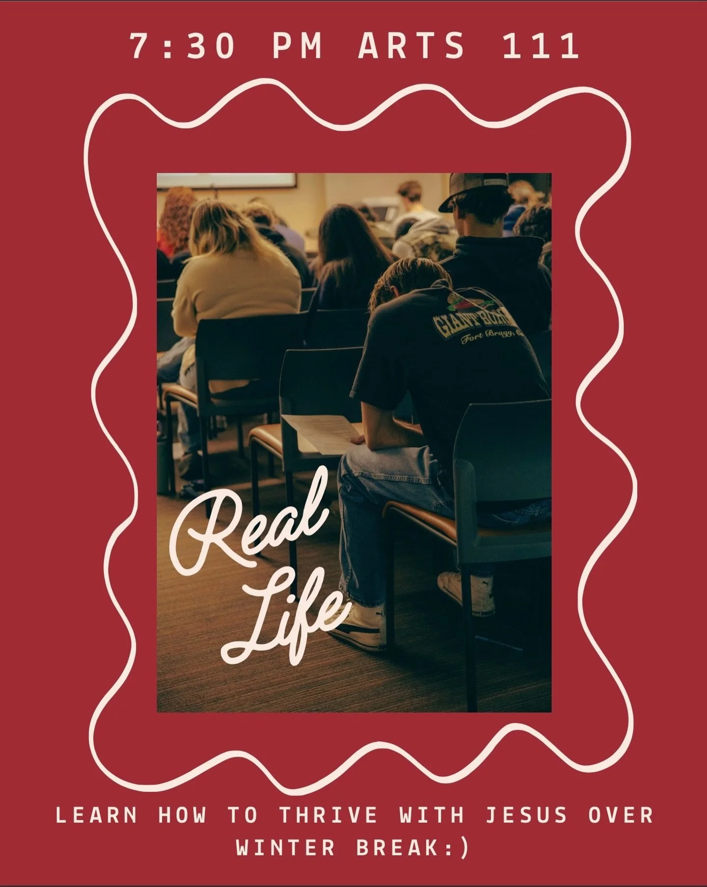 Hope your Thanksgiving was amazing! 🧡 Now come reconnect at Real Life this week as we talk about how to not just survive winter break, but truly thrive and grow with God. We can&rsquo;t wait to see you there at 7:30 PM in Arts 111.