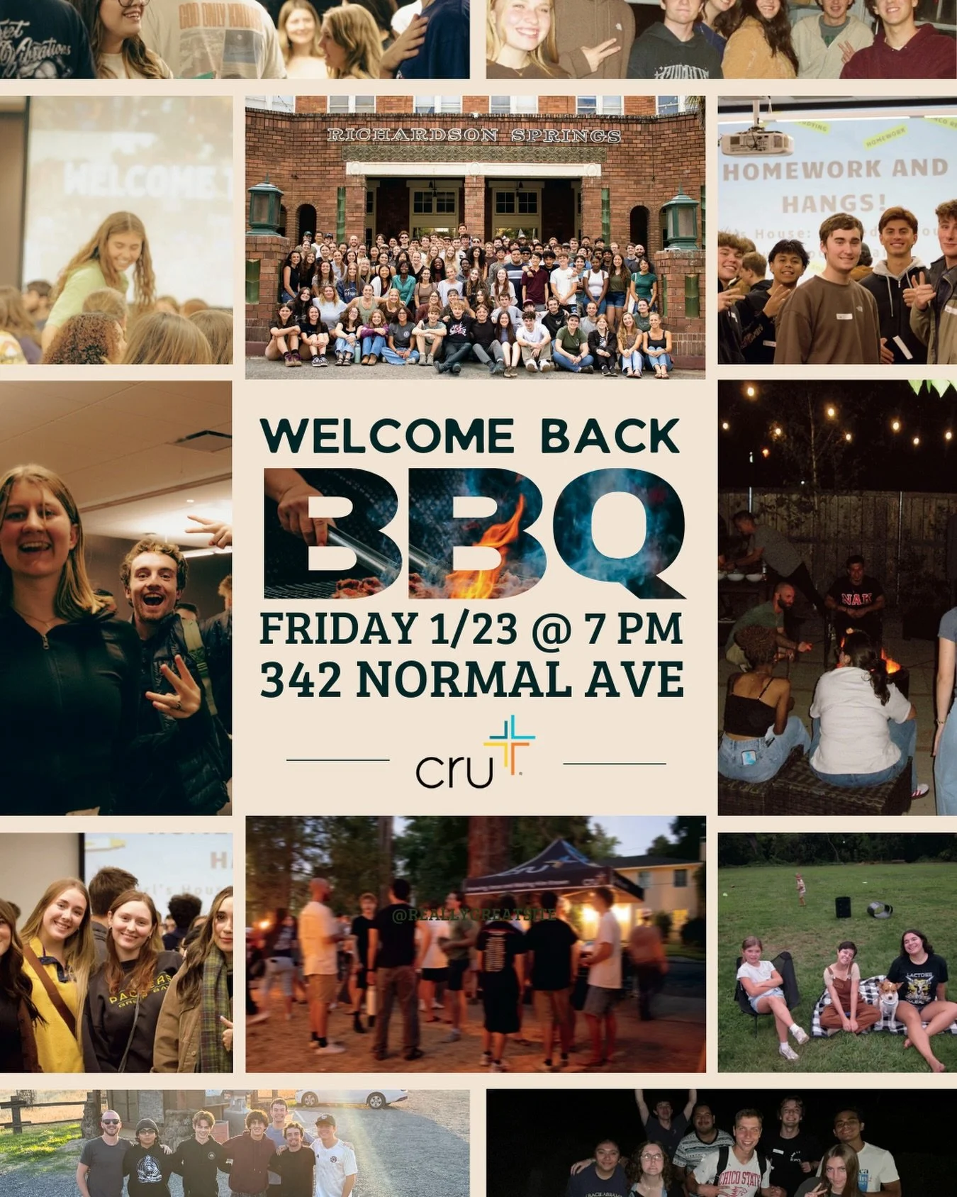 On Friday, come eat with us! 

We&rsquo;re doing a BBQ at the Cru houses! Grab a friend, grab a burger, and grab a bean bag. See you soon!