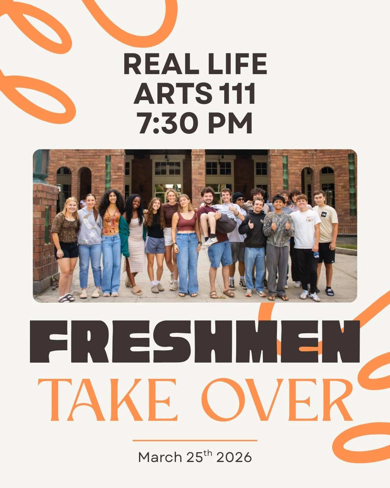 Real Life: Freshmen Takeover!!! 😎
Join us tonight to see our freshmen in action and hear how Jesus is moving in their lives! It&rsquo;s gonna be a jam packed night you won&rsquo;t want to miss.
Meet in Arts 111 at 7:30 PM
See you there🔥🔥🔥