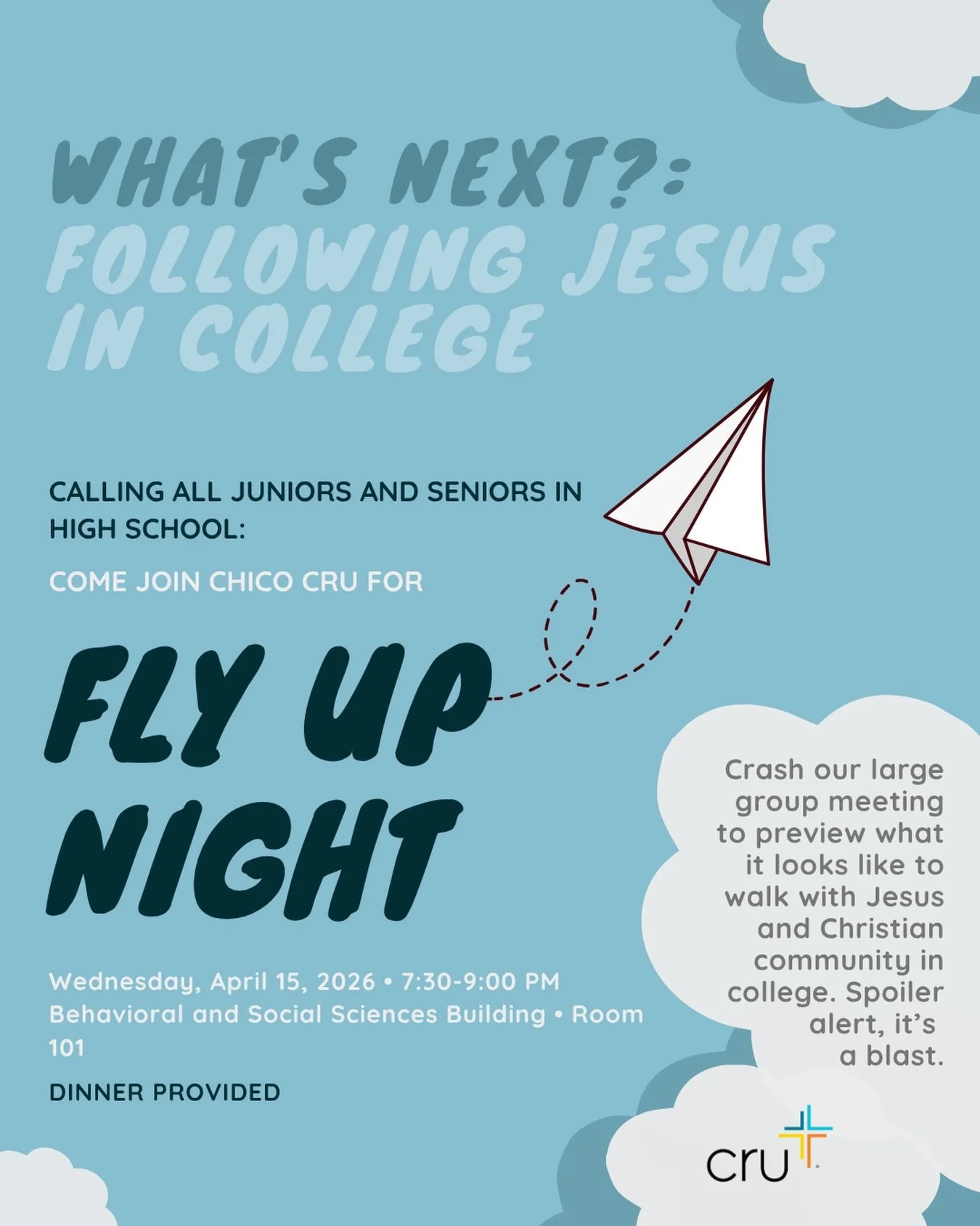 Are you a local junior or senior in High School? YES? Cool!

Next week&rsquo;s Real Life is our annual Fly Up Night which means we want to extend an invitation to you high schoolers to attend one of our weekly large group meetings to get a glimpse in