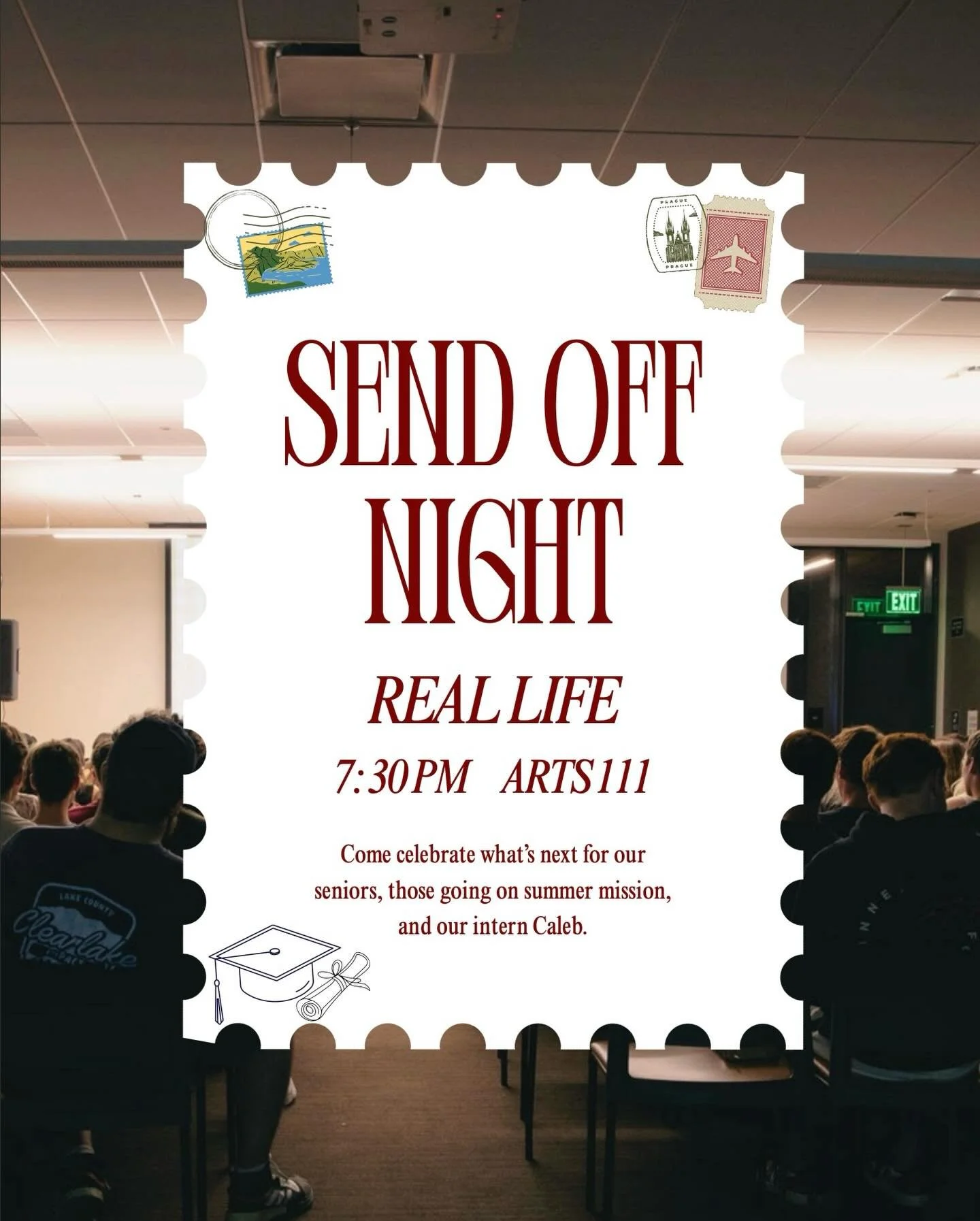Come join us tonight for our last Real Life of the semester in Arts 111 at 7:30 PM🙌🏼
We&rsquo;ll be celebrating our seniors who are graduating, those stepping into summer mission, and what&rsquo;s next for our intern Caleb. It&rsquo;s a special nig