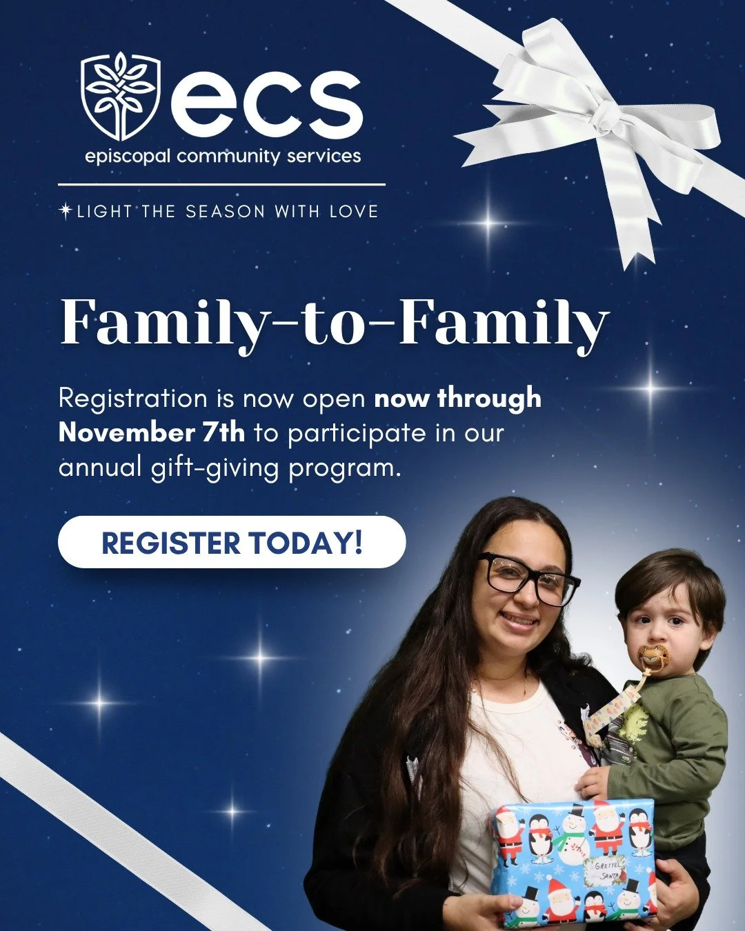 🎁✨The holidays are here and so is one of ECS’ most cherished traditions, Family-to-Family for the Holidays gift giving program! As part of our Light the Season with Love campaign, we invite you to share the spirit of giving by helping ECS fami