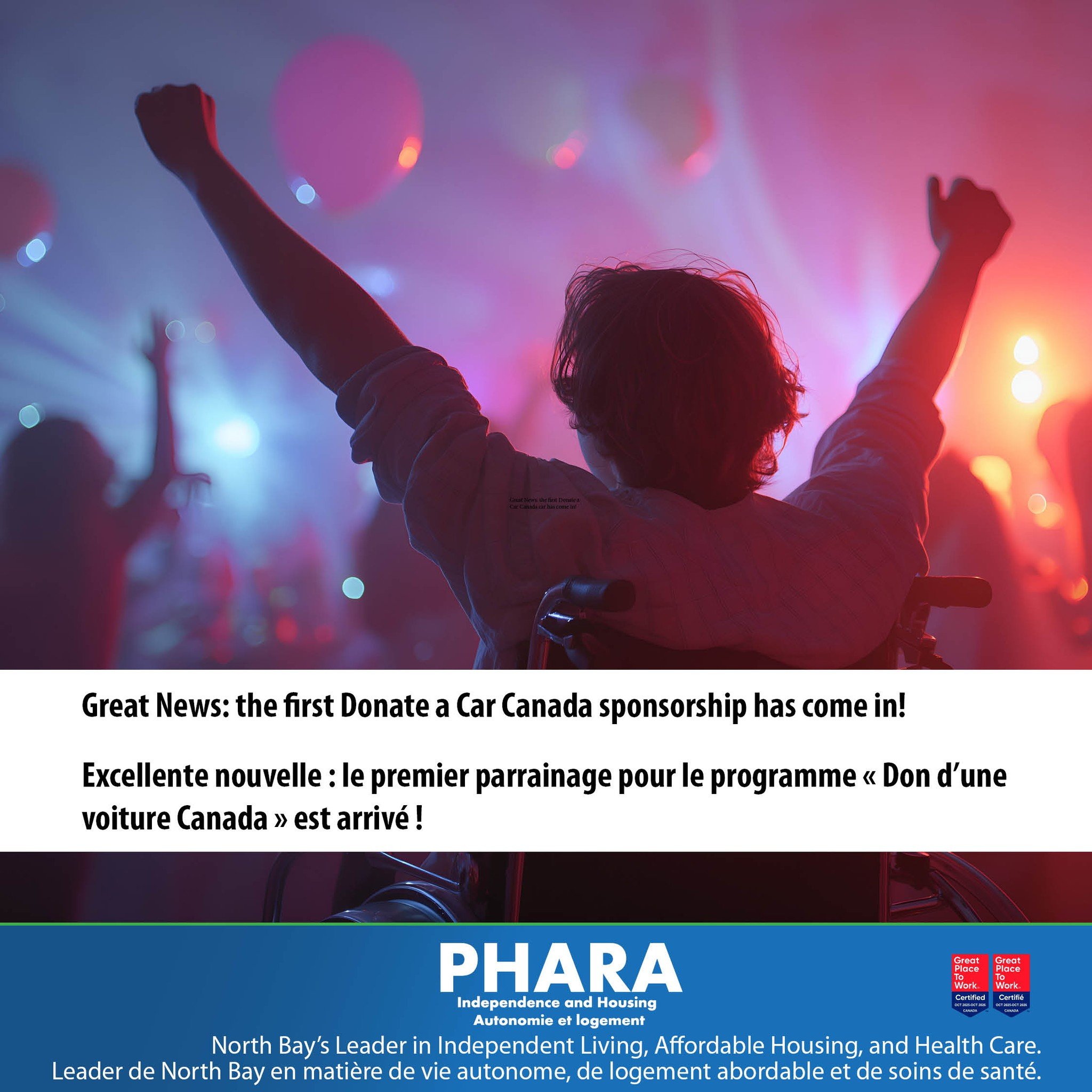 Great News: the first Donate a Car Canada sponsorship has come in! What an amazing start to the month! Thank you to the local person who donated and helped to support the community. You can also help out: www.phara.org

Excellente nouvelle : le premi