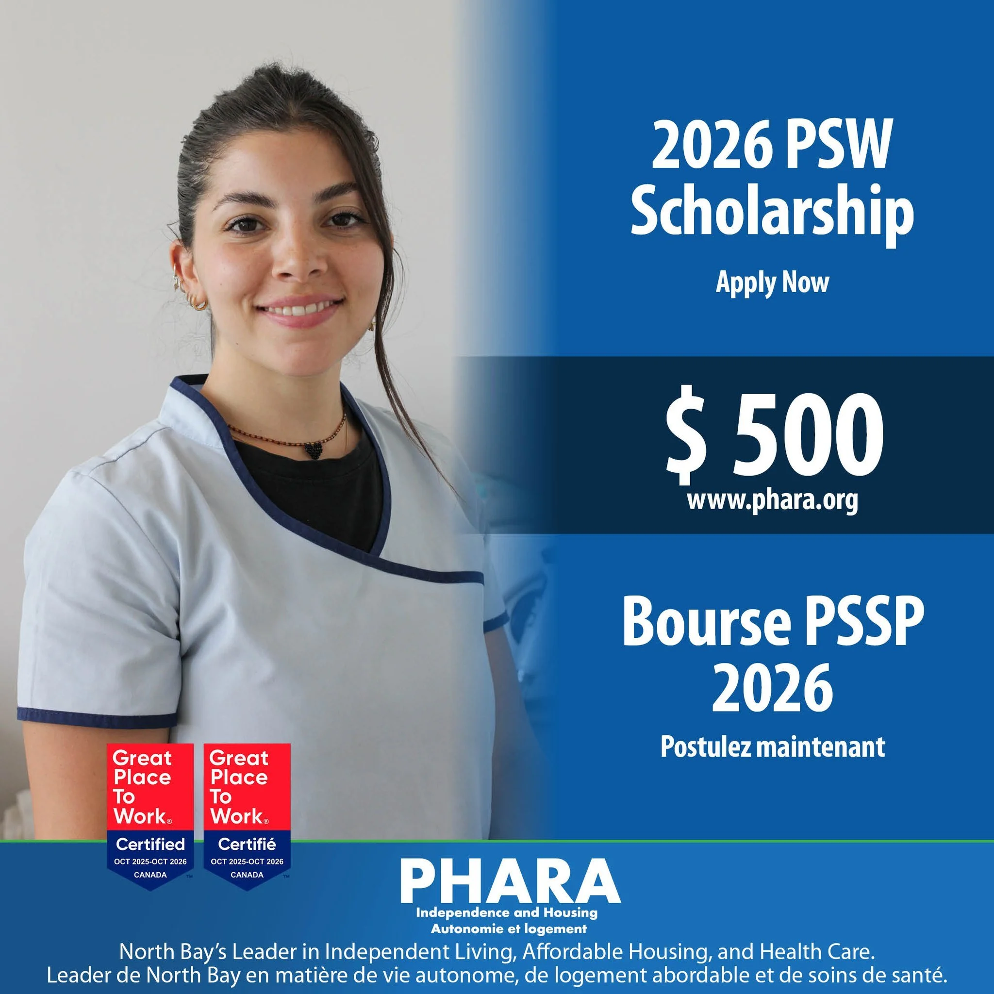 The PHARA Community Services PSW Pathway to Success Student Scholarship supports two eligible Ontario students enrolled in a registered Personal Support Worker program in the Nipissing area. Each scholarship winner receives $500 for use towards their