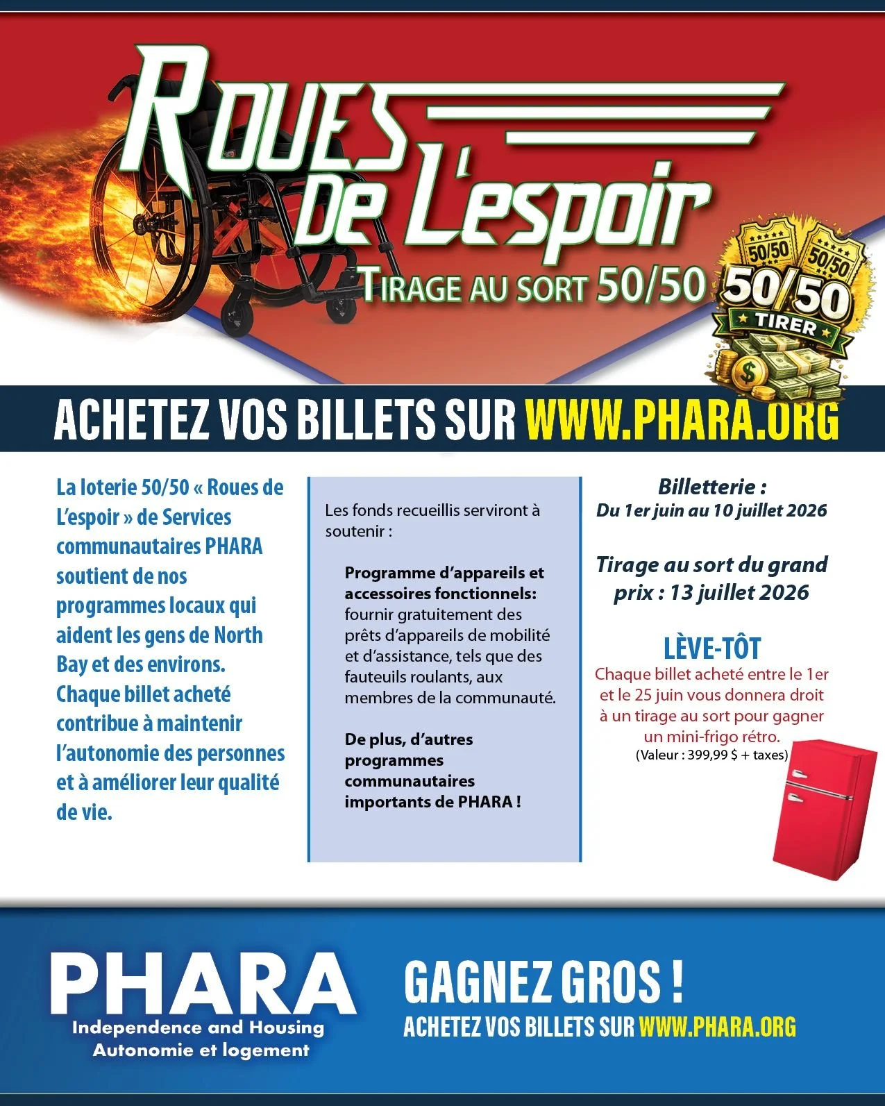 🎉 Wheels of Hope 50/50 Fundraiser is Here! 🎉

When you purchase a ticket, you're helping support important initiatives such as:

♿ Assistive Devices Program &ndash; Providing free loans of mobility and assistive devices, including wheelchairs, walk