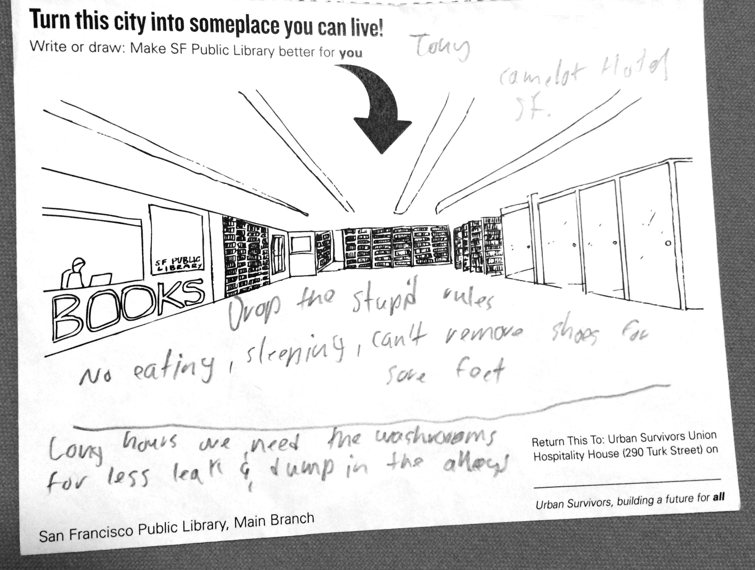 Example of a homeless resident's vision for a public library that served their needs.