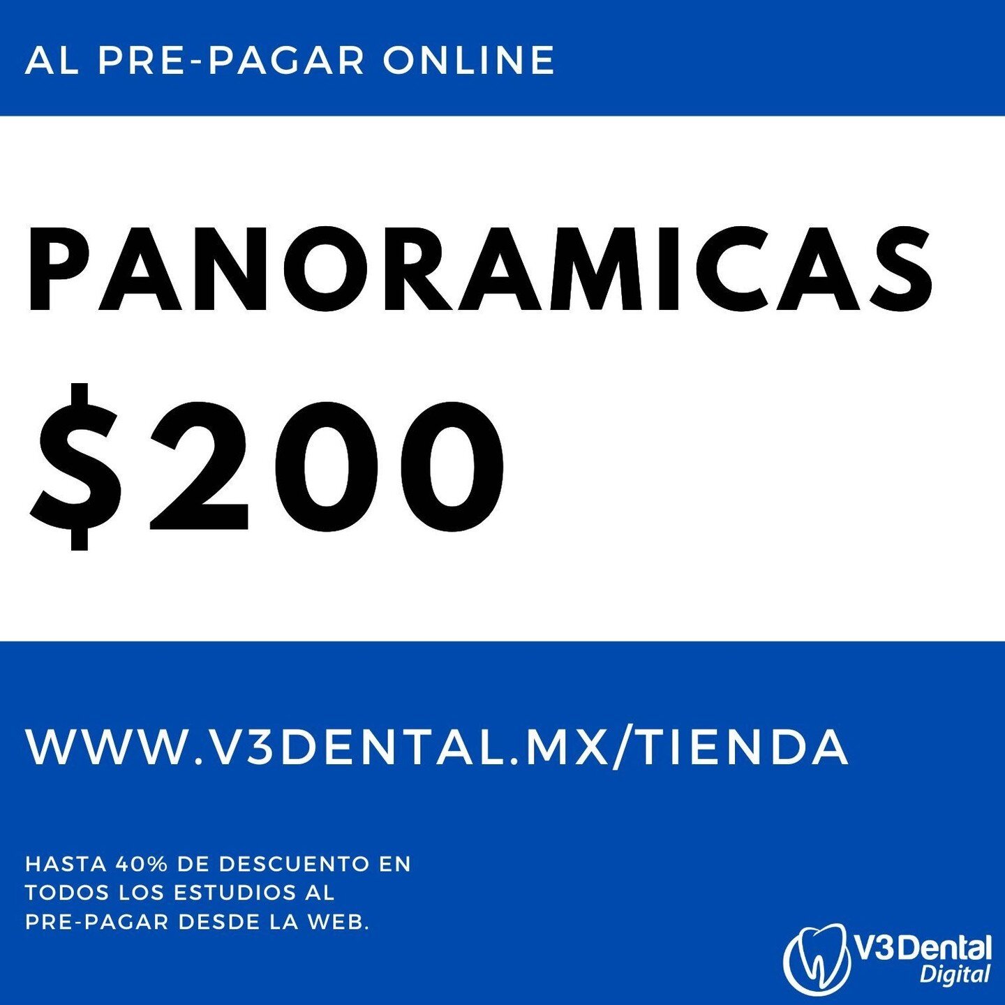 Gracias por formar parte de la comunidad de expertos #dentales mas grande en #Azcapotzalco .

En agradecimiento a tu apoyo, te obsequiamos un 10% de descuento al pre-pagar tu #radiografia #dental desde la pagina web www.v3dental.mx/tienda usando el c