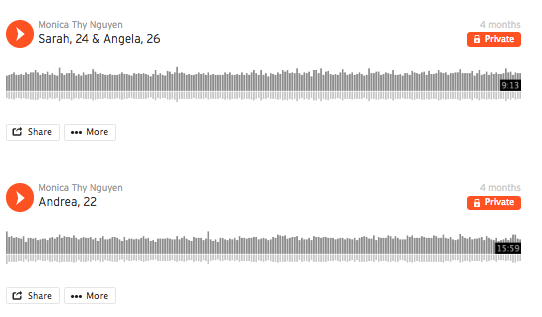 Interviews were audio recorded and uploaded to SoundCloud for documentation and used as a reference while synthesizing user research.