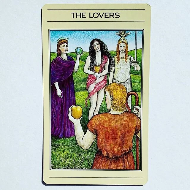 My trusty old tarot deck found its way back to me after a 3mo hiatus, so I used it for my Imbolc read. These cards just feel right in my hands, and have traveled around with me for many moons.
The lovers card can lead you many different directions, b