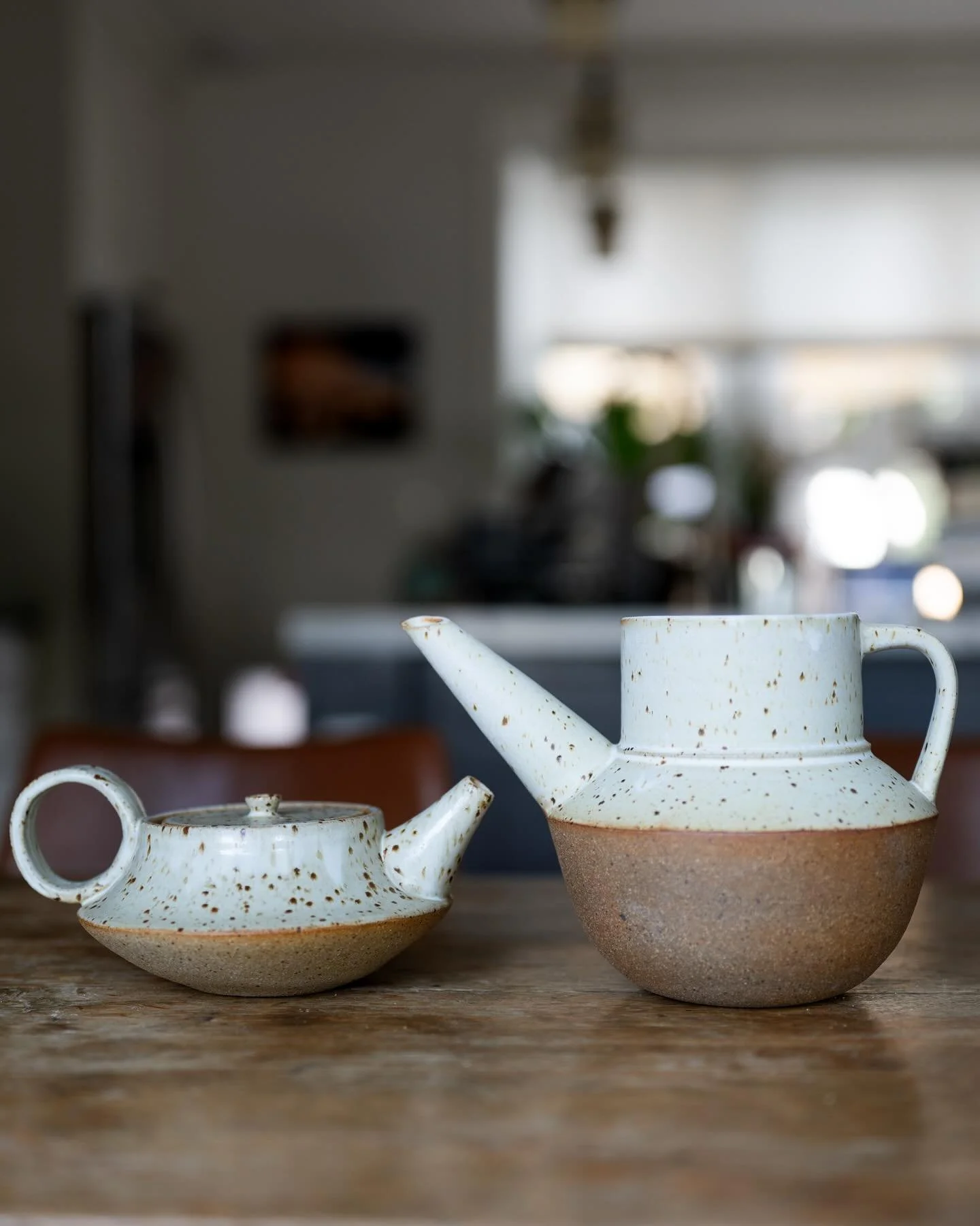 I&rsquo;ve been making more spouted forms for @theacga festival and it&rsquo;s fun to put the teapot next to the watering can/pitcher to see the relationship between the two. So many angles to play with to get the perfect visual, tactile, and functio