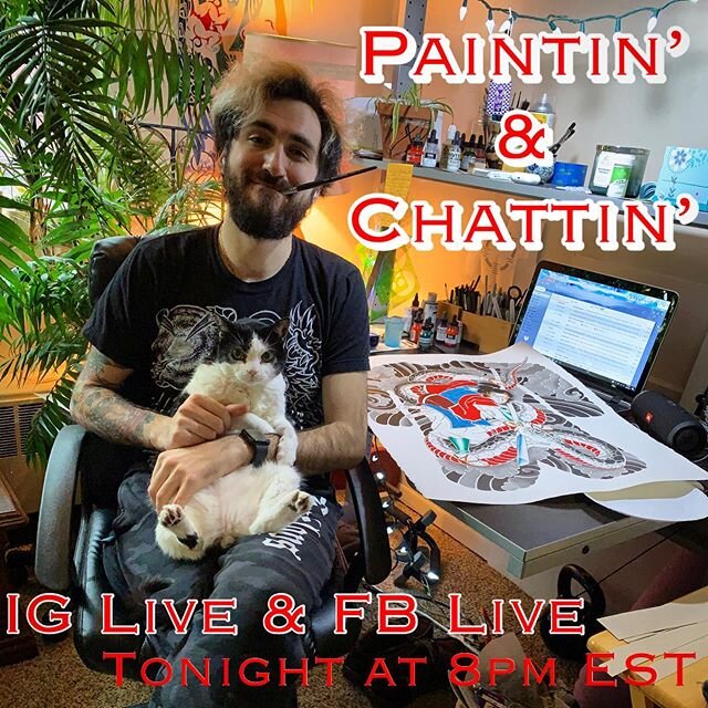 Tonight I&rsquo;ll be painting Live and hanging out with all of you! ~
We will be jamming some EMO music and talking about childhood memories of the weekend! Please comment below other things you&rsquo;d like to talk about with me! I&rsquo;d apprecia