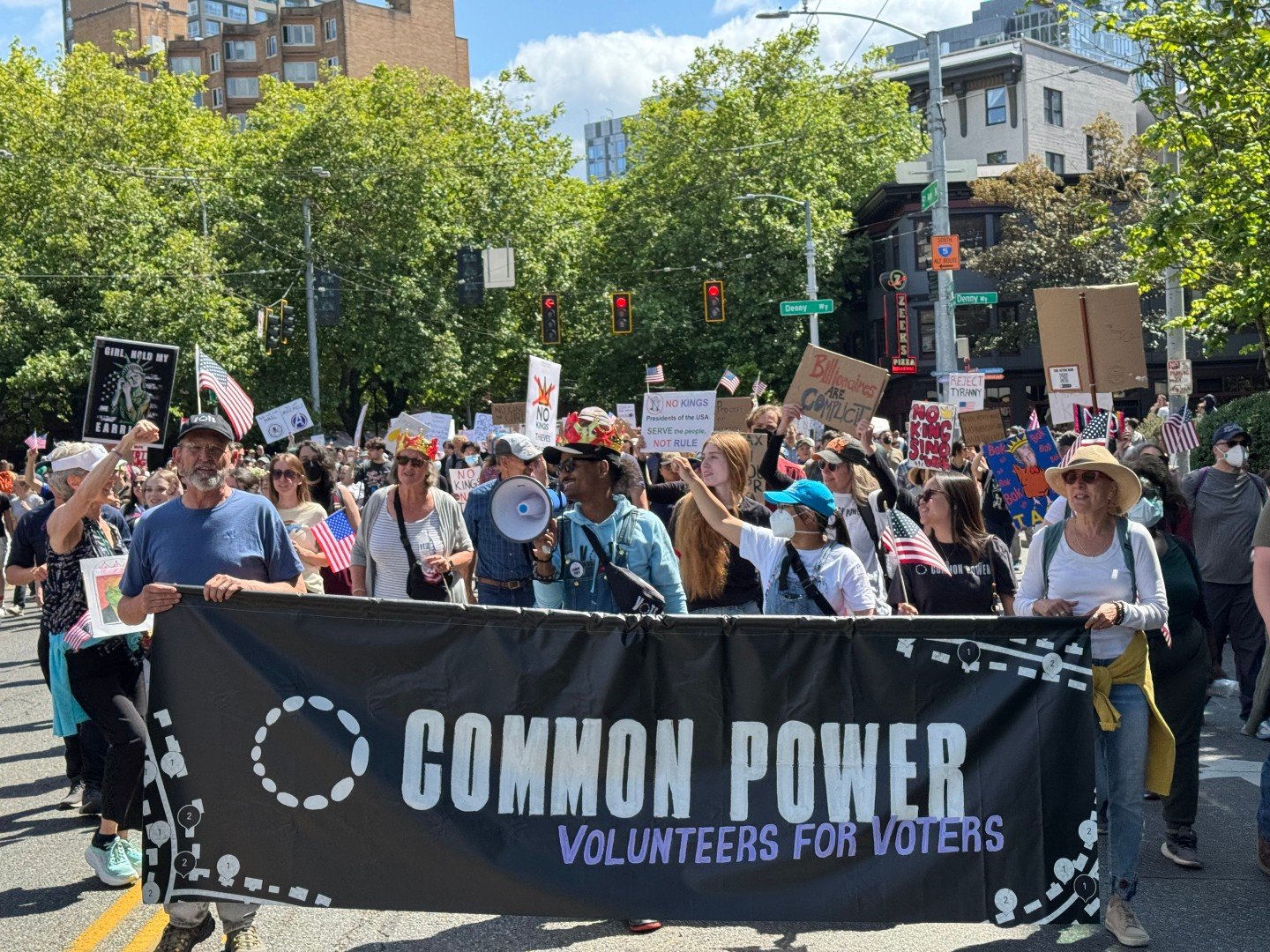 From Seattle to DC our Common Power volunteers were outside, letting Trump know on his birthday, that America is a country of #NOKINGS!